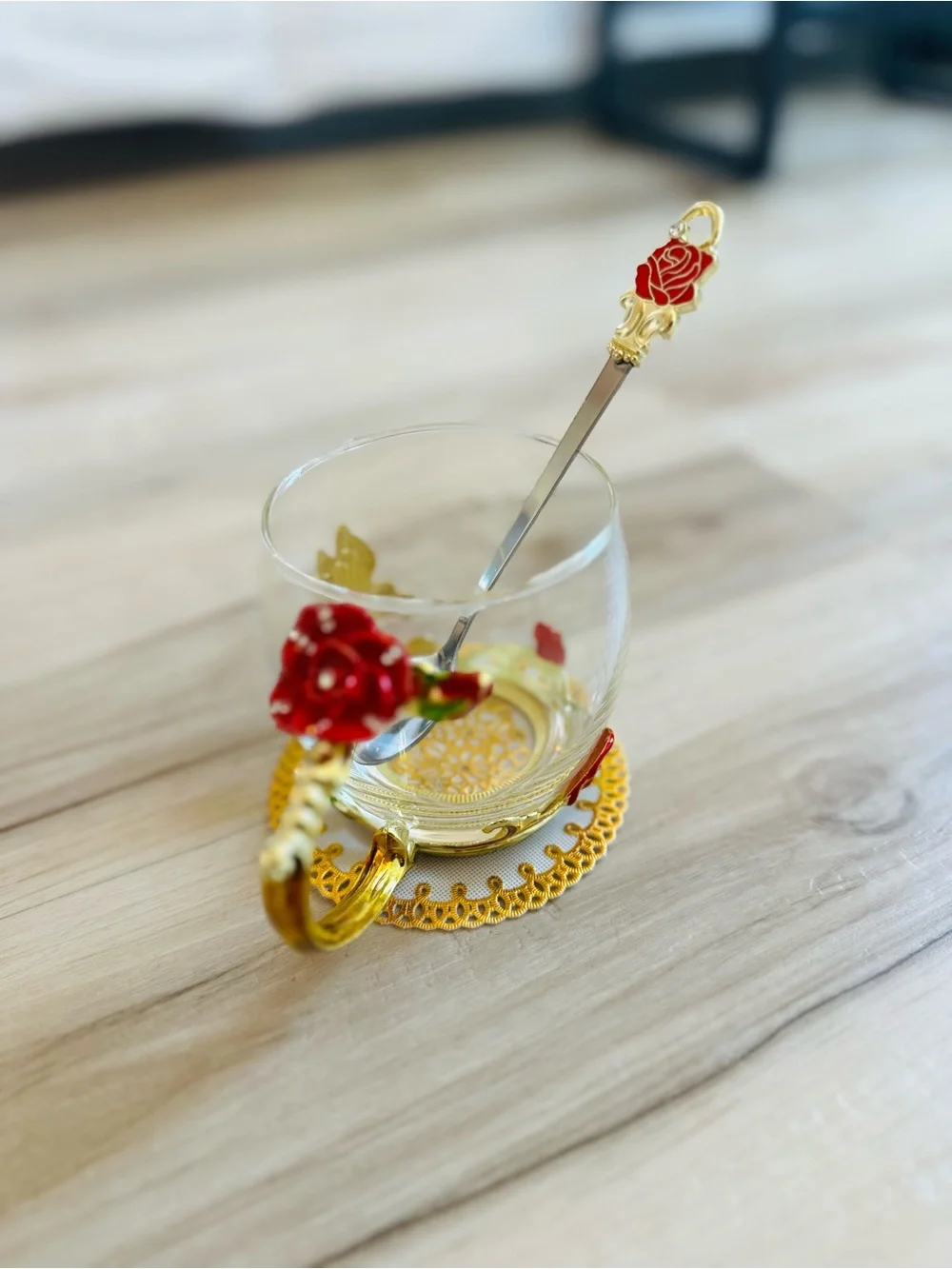 Ornate Gold & Glass Rose Teacup with Spoon